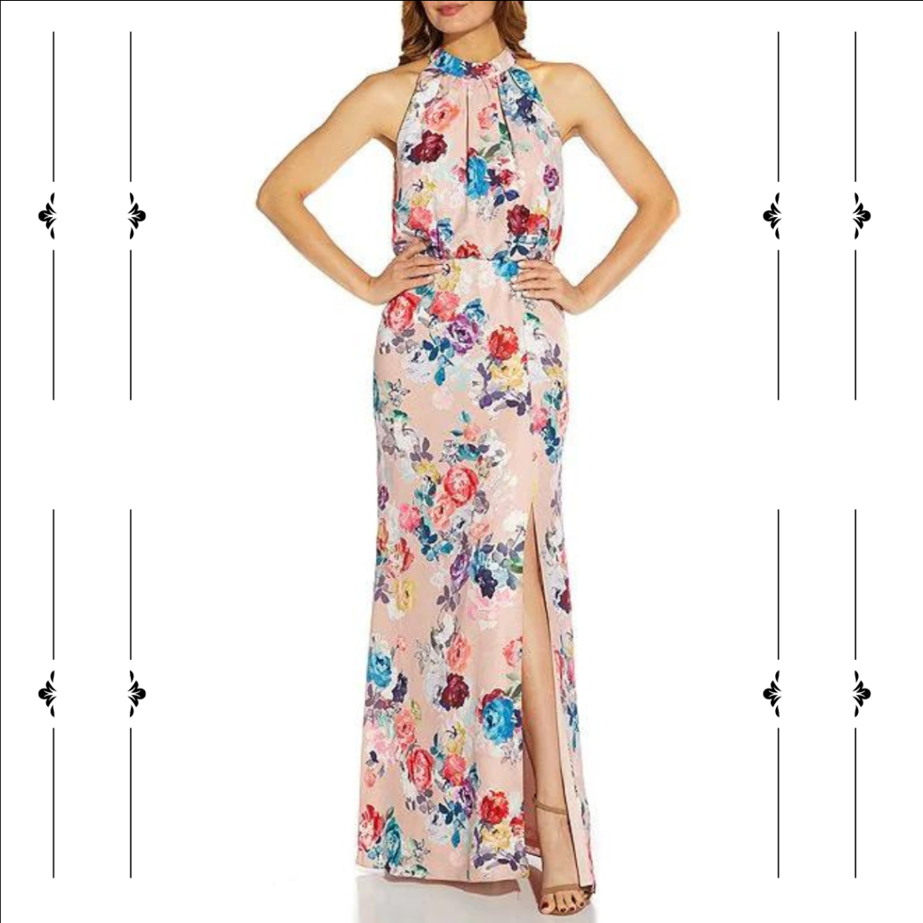 satin jacquard gown with a halter neck
